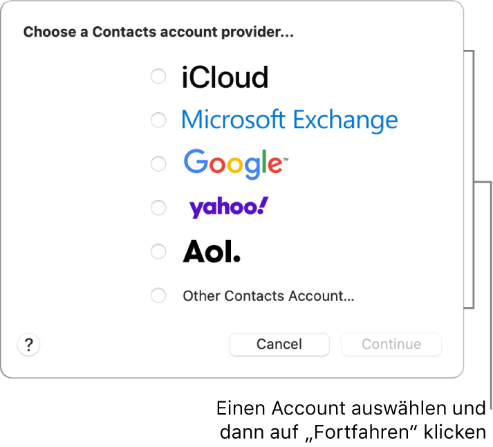 Du kannst die folgenden Internet-Accounttypen zur App „Kontakte“ hinzufügen: iCloud, Exchange, Google, Yahoo, AOL und „Anderer Kontakte-Account“.