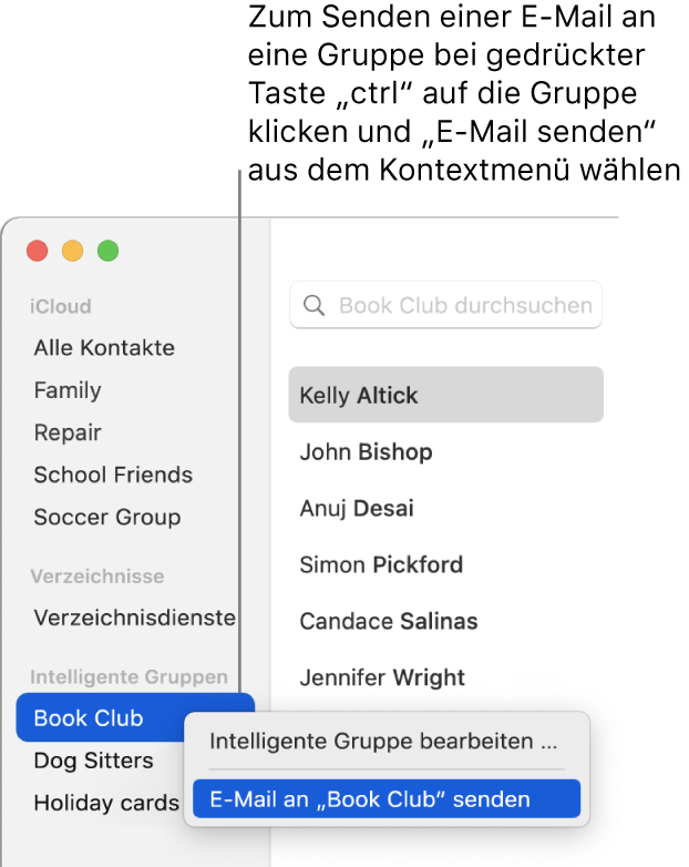 Die Seitenleiste der App „Kontakte“ mit dem Einblendmenü mit der Option zum Senden einer E-Mail an die ausgewählte Gruppe