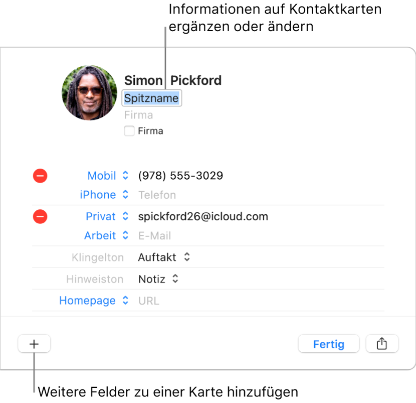 Eine Kontaktkarte mit dem Feld „Spitzname“ und dem Namen des Kontakts und einer Taste unten zum Hinzufügen weiterer Felder zu der Karte