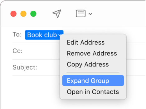 An email in Mail, showing a group in the To field and the pop-up menu showing the Expand Group command selected.