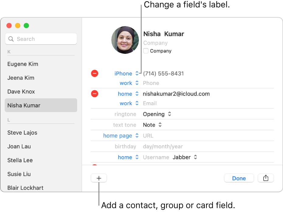 A contact card showing a field label that can be changed and the button at the bottom of the card for adding a contact, group or card field.