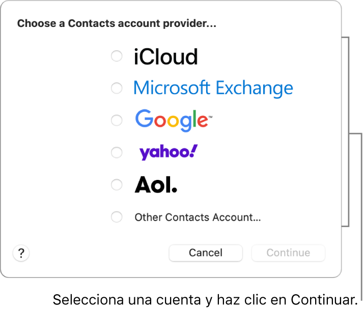 La lista de los tipos de cuenta de Internet que puedes agregar a la app Contactos: iCloud, Exchange, Google, Yahoo, AOL y “Otra cuenta de Contactos”.
