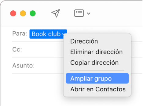 Un correo en Mail, mostrando un grupo en el campo Para y el menú desplegable mostrando el comando "Ampliar grupo" seleccionado.