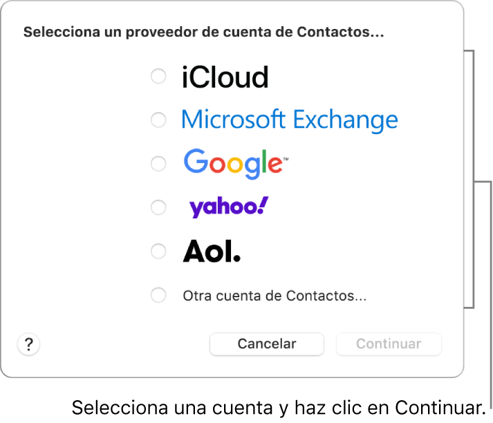 La lista de los tipos de cuenta de Internet que puedes agregar a la app Contactos: iCloud, Exchange, Google, Yahoo, AOL y “Otra cuenta de Contactos”.