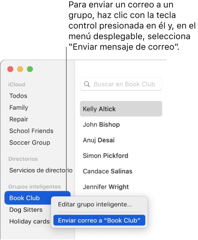 La barra lateral de Contactos mostrando el menú desplegable con el comando para enviar un correo al grupo seleccionado.