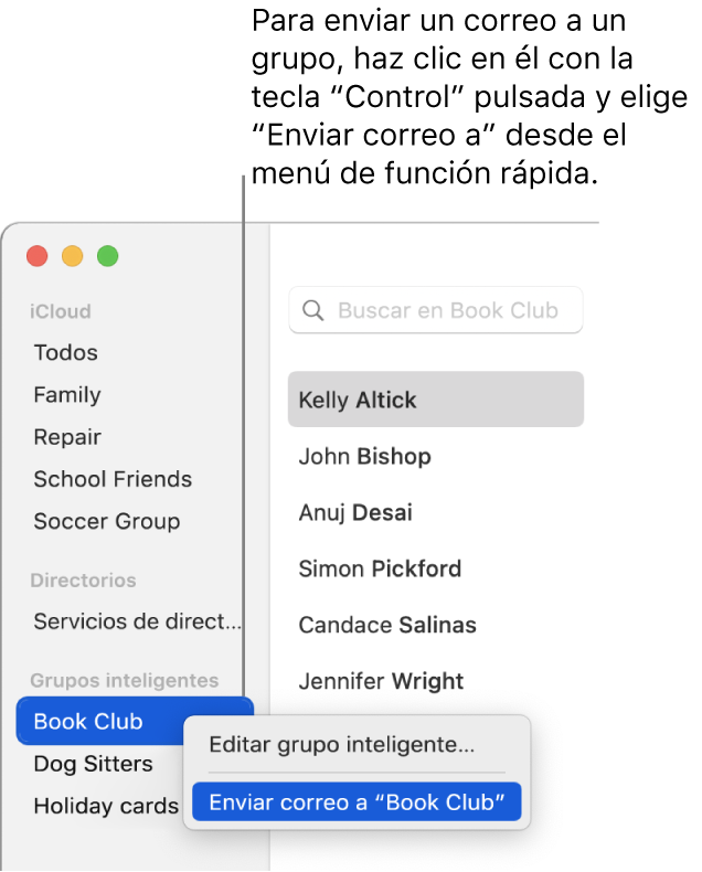 La barra lateral de Contactos que muestra el comando del menú desplegable para enviar un correo electrónico al grupo seleccionado.