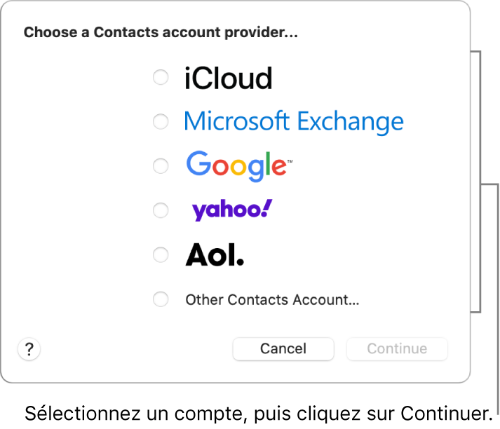 La liste des types de comptes Internet que vous pouvez ajouter à l’app Contacts : iCloud, Exchange, Google, Yahoo, AOL et Autre compte Contacts.