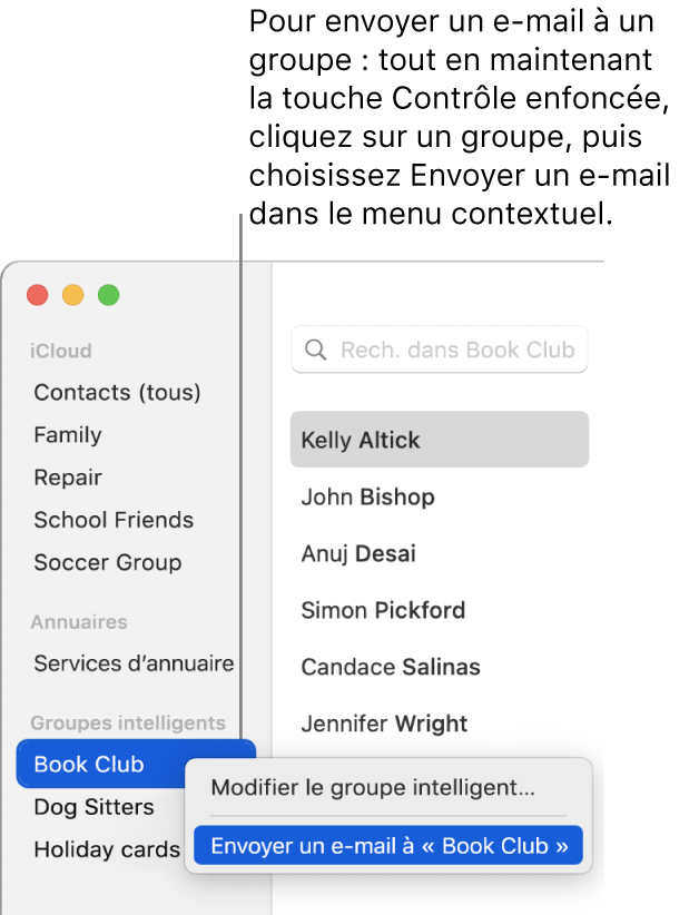 La barre latérale de Contacts affichant le menu local avec la commande permettant d’envoyer un e-mail au groupe sélectionné.