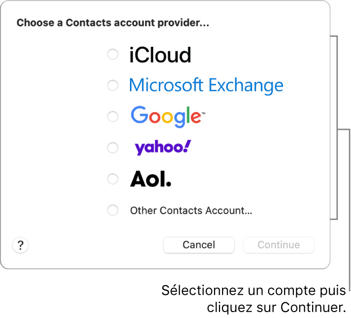 La liste des types de comptes Internet que vous pouvez ajouter à l’app Contacts : iCloud, Exchange, Google, Yahoo, AOL et « Autre compte Contacts ».
