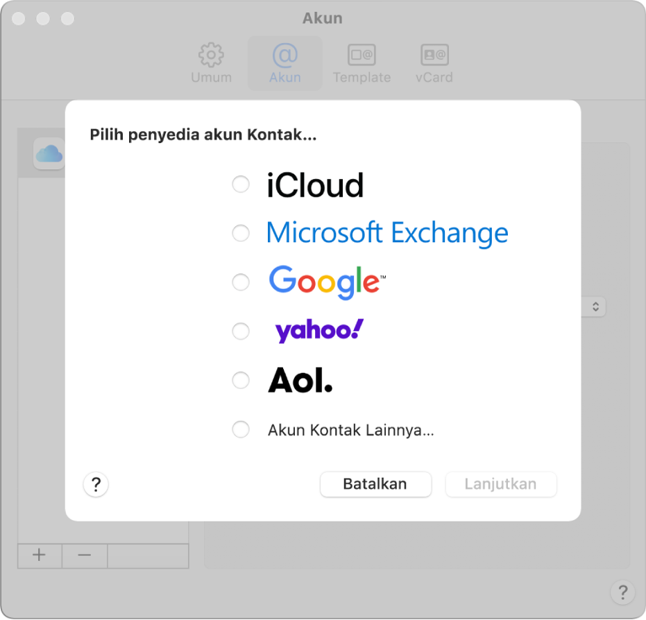 Jendela untuk menambahkan akun internet ke app Kontak.