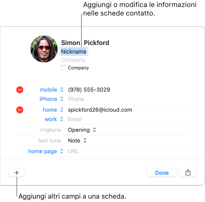 Una scheda di un contatto con il campo Soprannome sotto il nome del contatto e, nella parte inferiore della finestra, un pulsante per l'aggiunta di altri campi alla scheda.