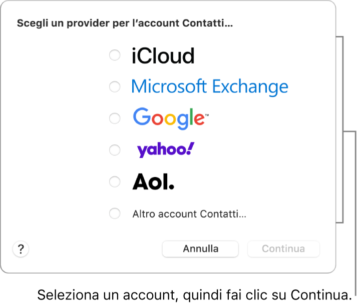 L'elenco di tipi di account internet che puoi aggiungere all'app Contatti: iCloud, Exchange, Google, Yahoo, AOL e altri account di Contatti.