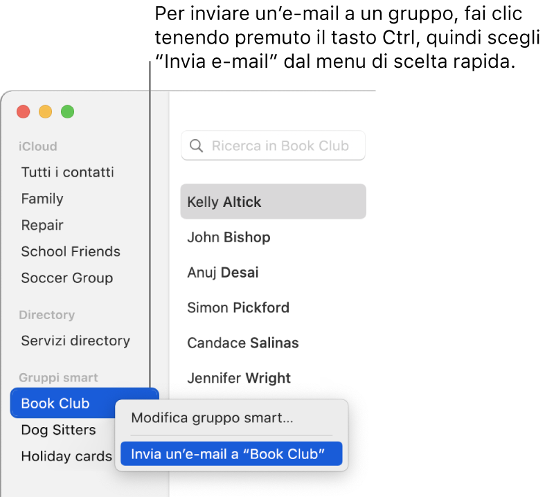 La barra laterale di Contatti con il menu a comparsa con il comando per l'invio di e-mail al gruppo selezionato.