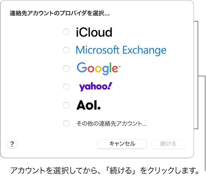 「連絡先」アプリケーションに追加できるインターネットアカウントの種類のリスト: iCloud、Exchange、Google、Yahoo、AOL、および「その他の連絡先アカウント」。