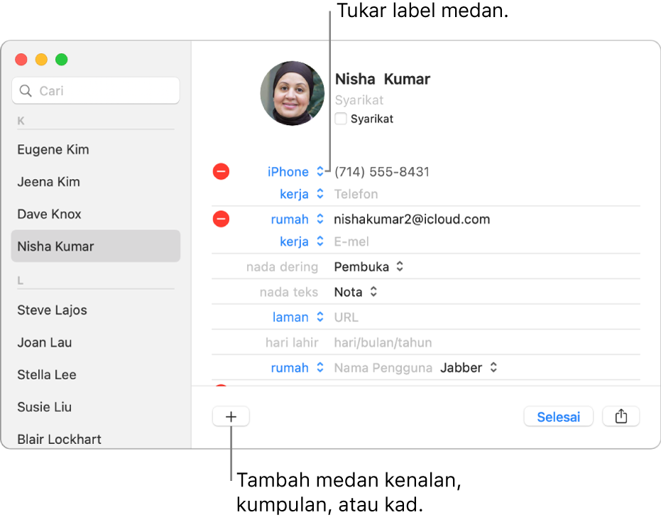 Kad kenalan menunjukkan label medan yang boleh diubah dan butang di bahagian bawah kad untuk menambah kenalan, kumpulan, atau medan kad.
