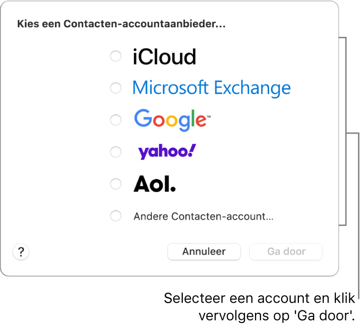 De lijst met de typen internetaccount die je aan de Contacten-app kunt toevoegen: iCloud, Exchange, Google, Yahoo, AOL en 'Andere Contacten-account'.