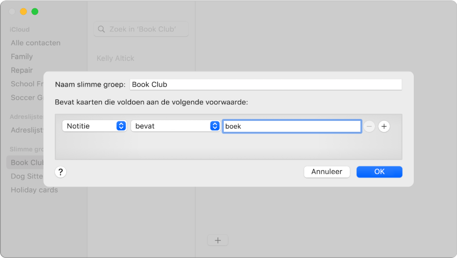 Het venster voor het toevoegen van een slimme groep, met de groep 'Boekenclub' voor contactpersonen waarbij het woord "boek" in het veld 'Notitie' staat.