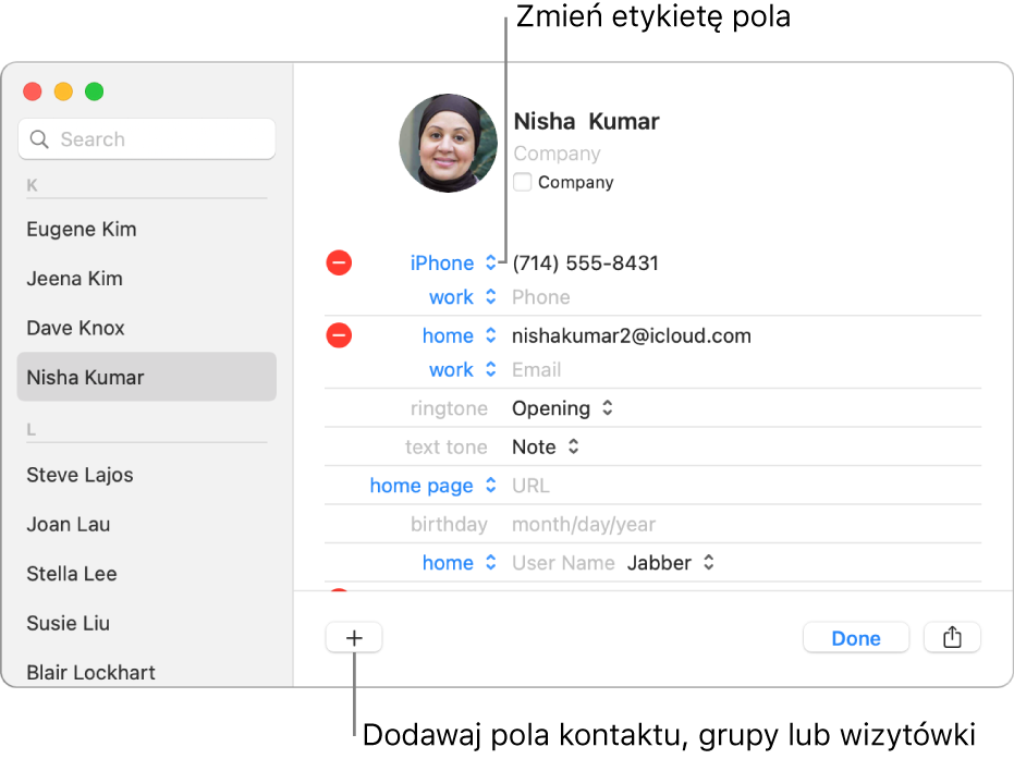 Wizytówka zawierająca etykietę pola, którą można zmienić, a także przycisk na dole, pozwalający dodać kontakt, grupę lub pole.