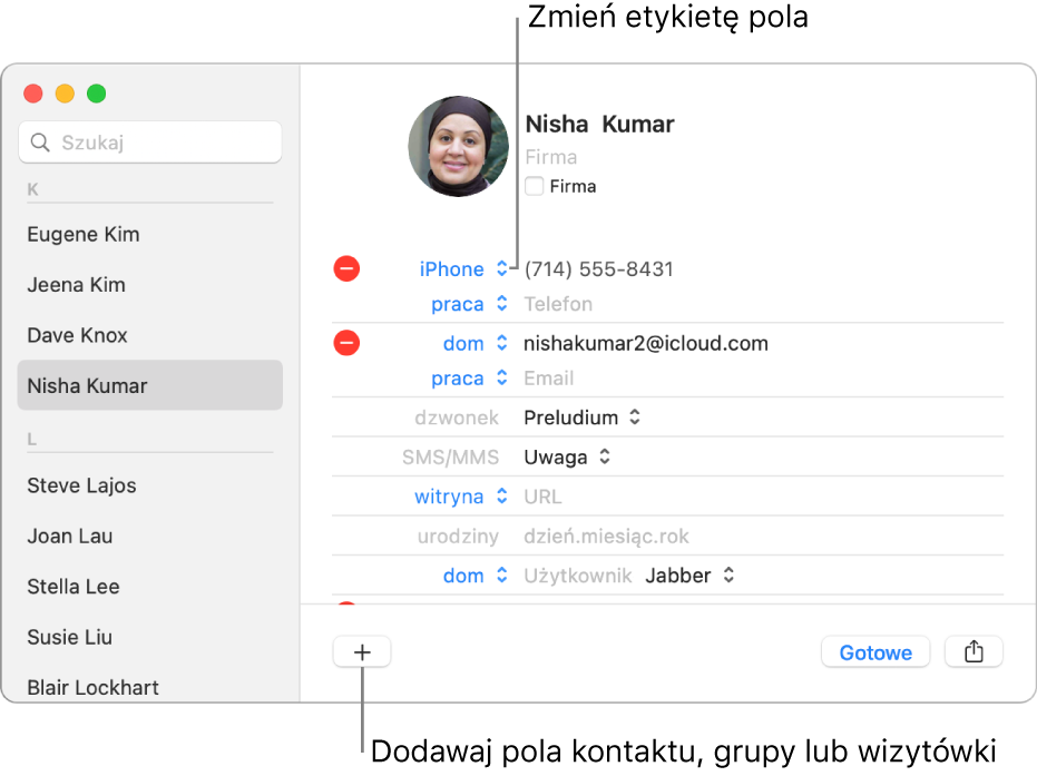 Wizytówka zawierająca etykietę pola, którą można zmienić, a także przycisk na dole, pozwalający dodać kontakt, grupę lub pole.