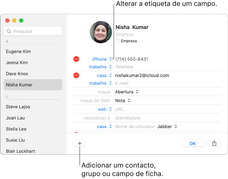 Uma ficha de contacto a mostrar uma etiqueta de campo que pode ser alterada e o botão no fundo do cartão para adicionar um contacto, grupo ou campo da ficha.