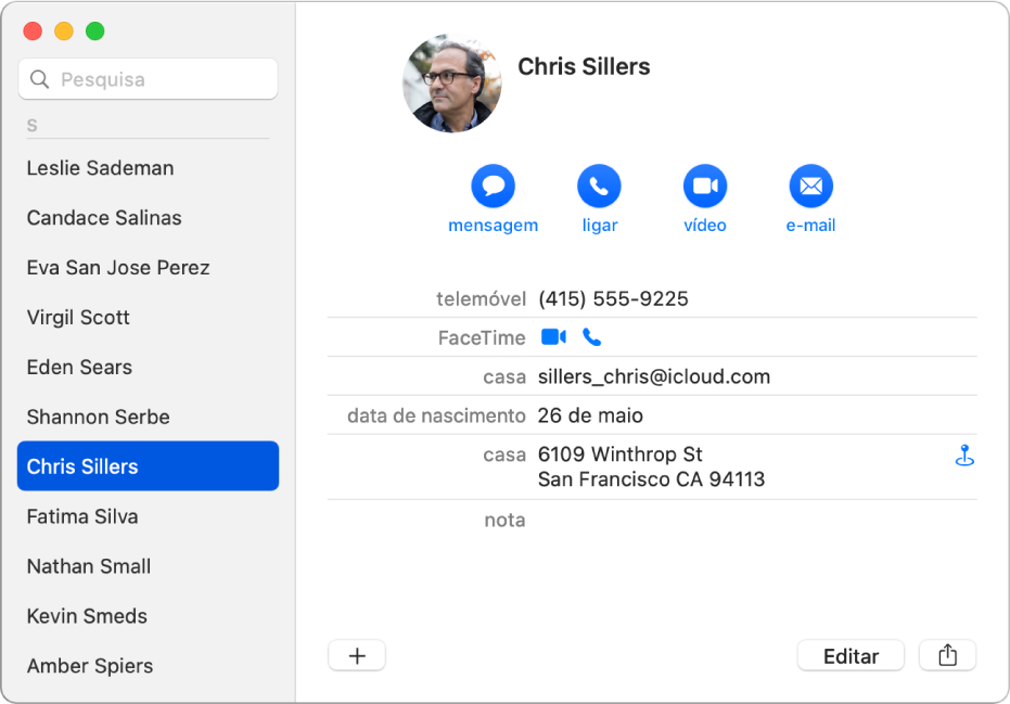 A janela da aplicação Contactos com o botão Mapa junto à morada.