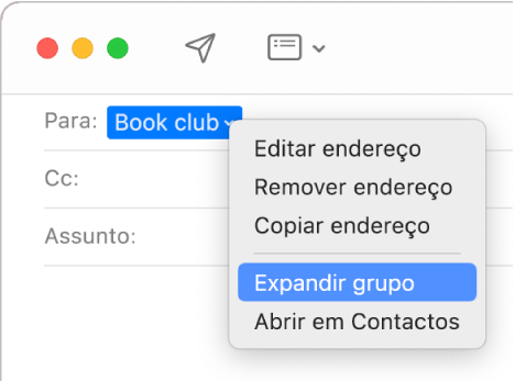 Um e-mail na aplicação Mail a mostrar um grupo no campo Para e o menu pop-up com o comando Expandir grupo.