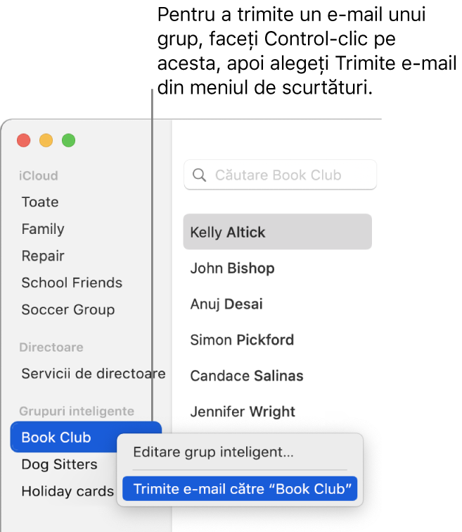 Bara laterală Contacte, afișând meniul pop-up cu comanda pentru trimiterea unui e-mail către grupul selectat.