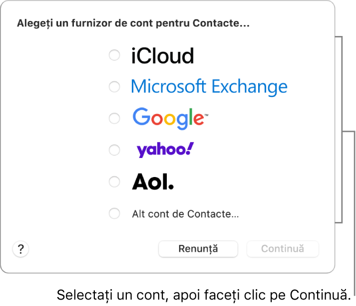 Lista tipurilor de conturi de internet pe care le puteți adăuga la aplicația Contacte: iCloud, Exchange, Google, Yahoo, AOL și Alt cont de Contacte.