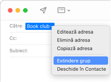 Un e-mail în aplicația Mail, afișând un grup în câmpul Către și meniul pop-up afișând comanda selectată Extindere grup.