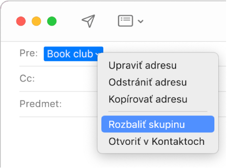 Email v aplikácii Mail zobrazujúci skupinu v poli Pre a vyskakovacie menu zobrazujúce označený príkaz Rozbaliť skupinu.