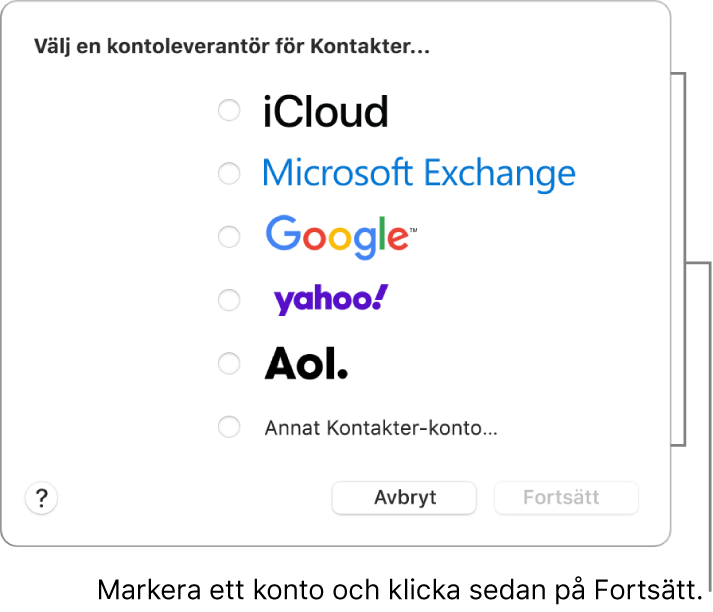 Listan över internetkontotyper som du kan lägga till i Kontakter: iCloud, Exchange, Google, Yahoo, AOL och Annat Kontakter-konto.