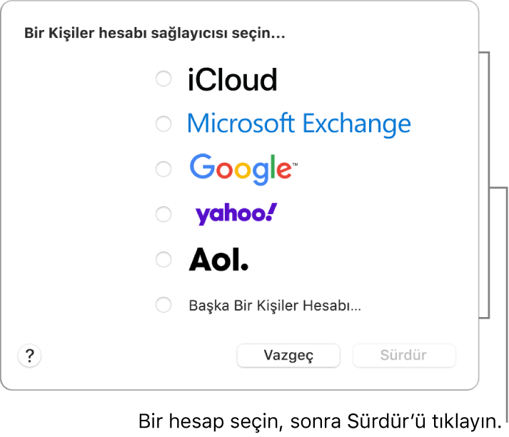 Kişiler uygulamasına ekleyebileceğini internet hesabı türlerinin listesi: iCloud, Exchange, Google, Yahoo, AOL ve Başka Bir Kişiler Hesabı.