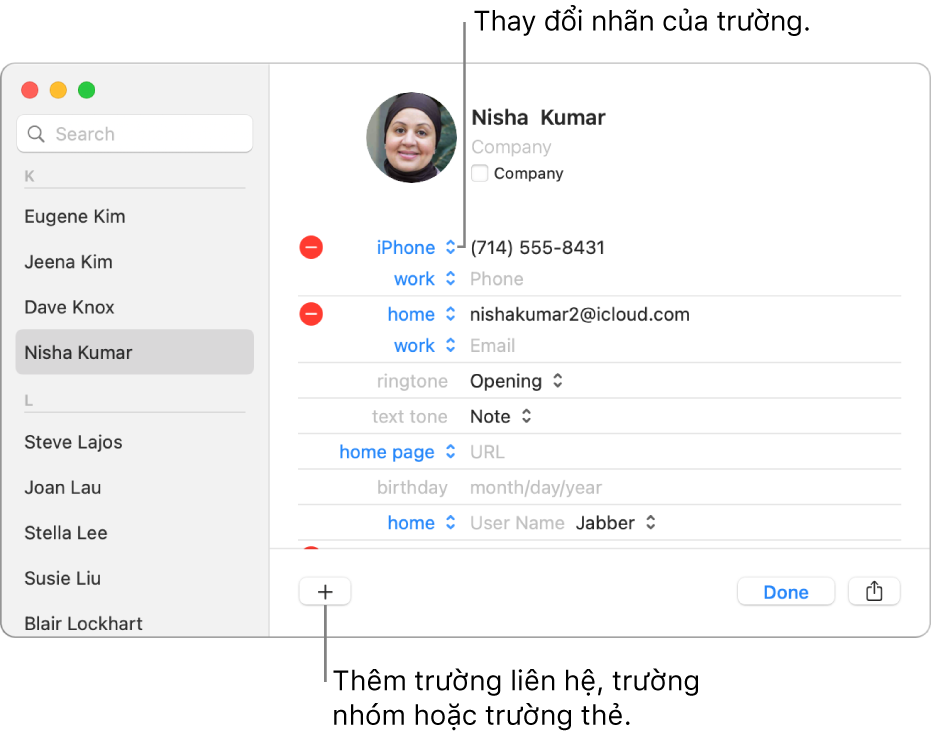 Thẻ liên hệ hiển thị nhãn trường có thể thay đổi được và nút ở cuối thẻ để thêm trường liên hệ, nhóm hoặc thẻ.