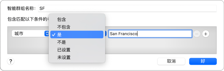 智能群组窗口显示名为“SF”的群组以及包含三个标准的条件：第一个信息栏为“城市”，在第二个信息栏的弹出式菜单中选择了“是”，第三个信息栏为“旧金山”。