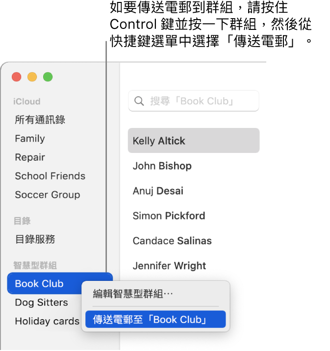 通訊錄側邊欄中顯示帶有指令的彈出式選單，以傳送電郵給選取的群組。