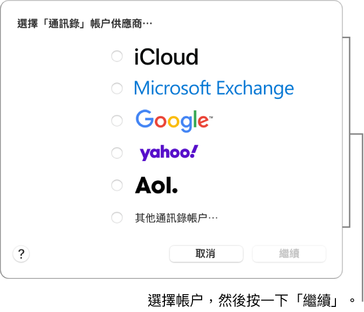 你可加至「通訊錄」App 的互聯網帳户類型列表：iCloud、Exchange、Google、Yahoo、AOL和「其他通訊錄帳户」。