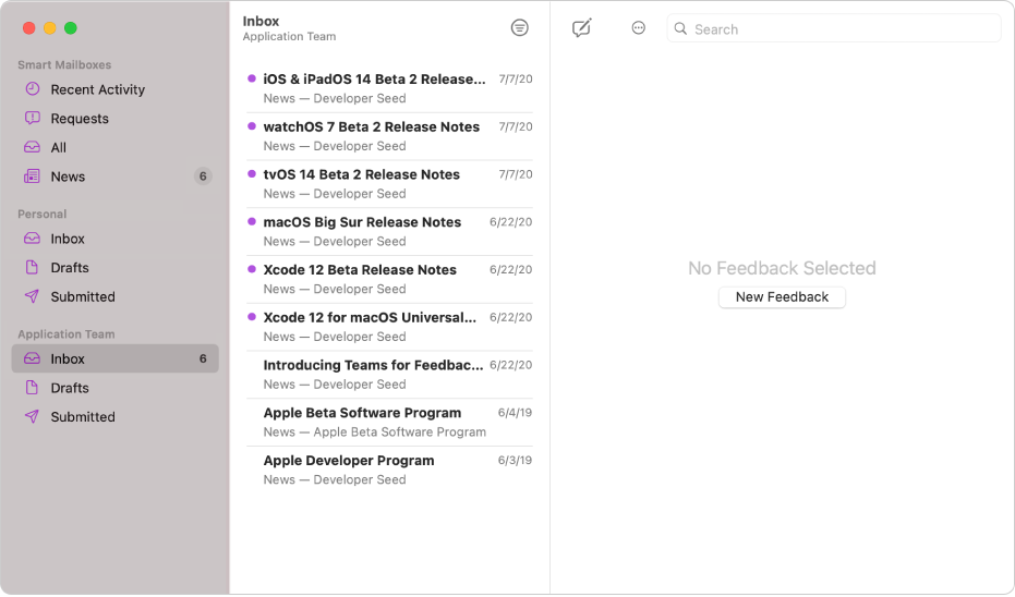 A Feedback Assistant window showing the sidebar on the left. From top to bottom, the sidebar contains three sections: Smart Mailboxes, a Personal mailbox, and at the bottom, a team mailbox, which is selected. On the right is the Inbox for the team mailbox.