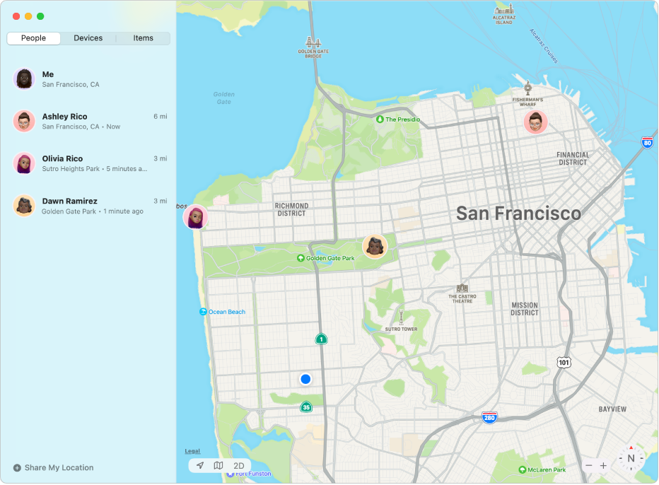 The Find My app showing a list of friends in the sidebar and their locations on a map on the right.