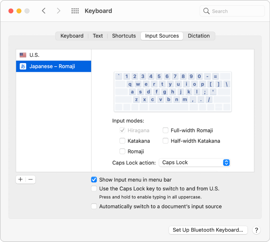 The Input Sources pane of Keyboard preferences, where you can add or remove input sources for different languages (U.S. and Japanese – Romaji are shown in the list on the left) and select other options.