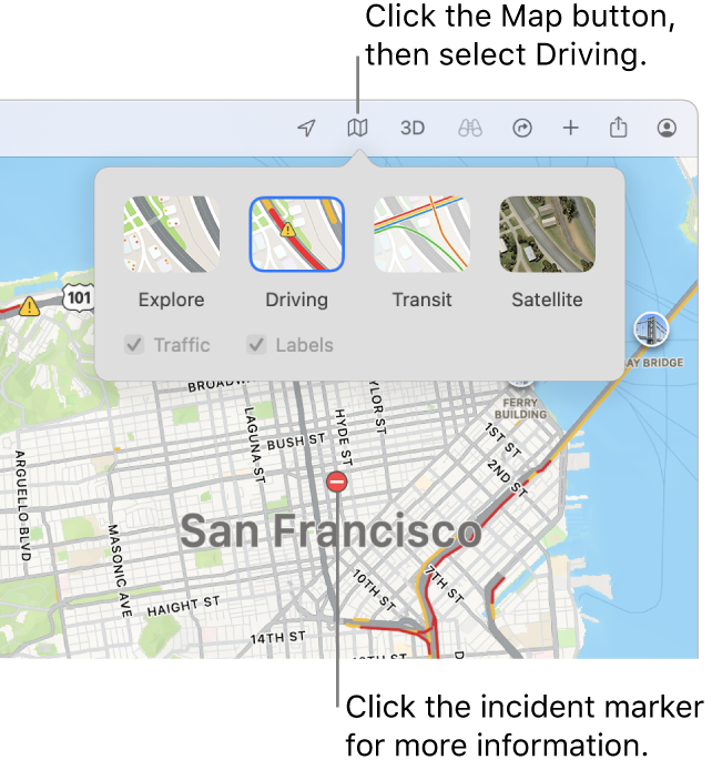 A map of San Francisco with map options displayed, the Traffic tickbox selected and traffic incidents on the map.