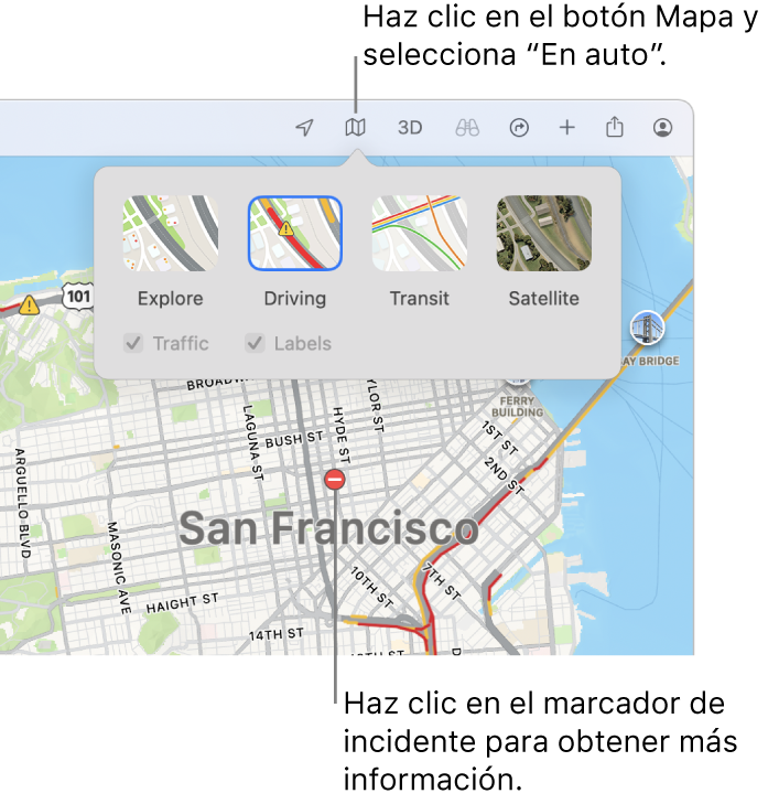 Un mapa de San Francisco mostrando las opciones del mapa, la casilla Tráfico seleccionada e incidentes de tráfico en el mapa.