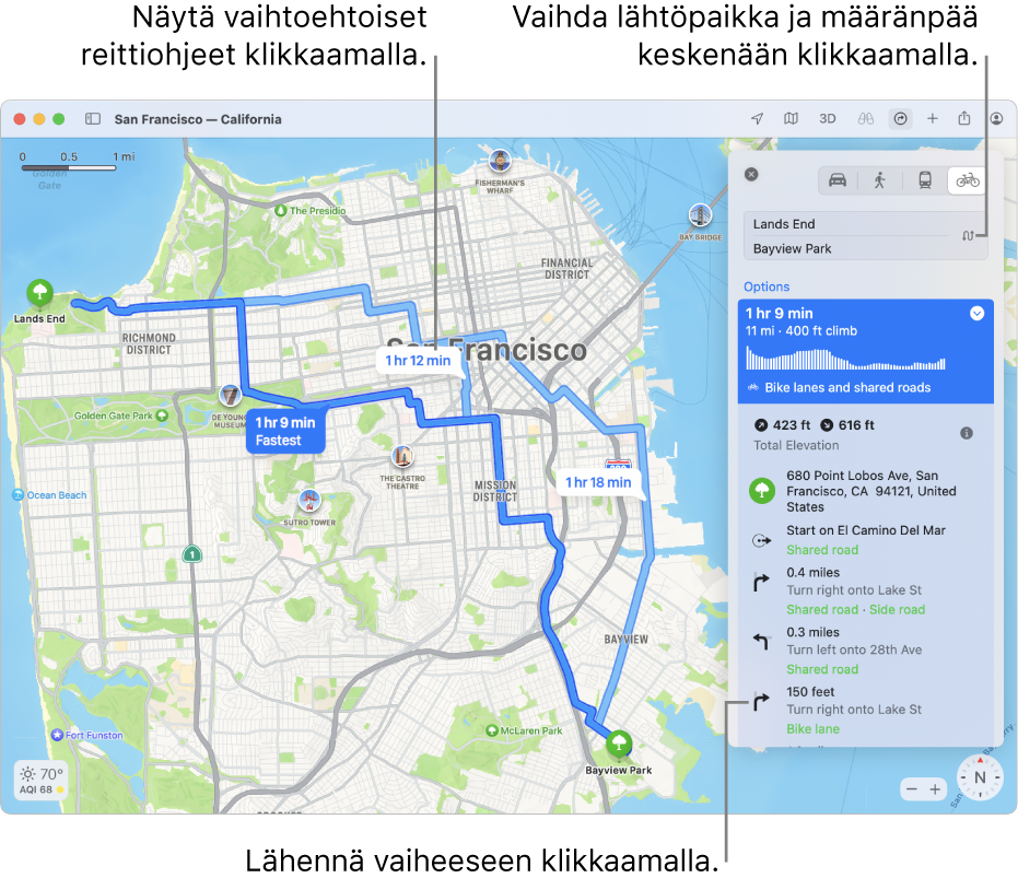 San Franciscon kartta, jossa on pyöräilyreittiohjeet, jotka sisältävät korkeuserot ja liikenteen.