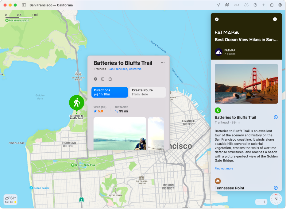 Un plan de San Francisco. Des guides de restaurants et de voyage sont affichés à gauche et à droite du plan.