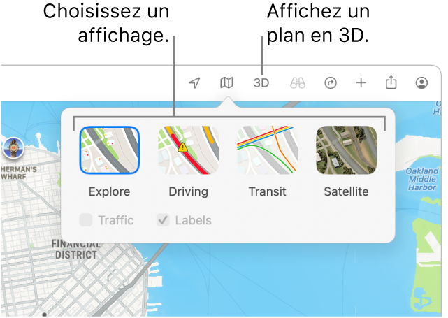 Un plan de San Francisco affichant les options d’affichage : « Par défaut », Transports, Satellite et 3D.