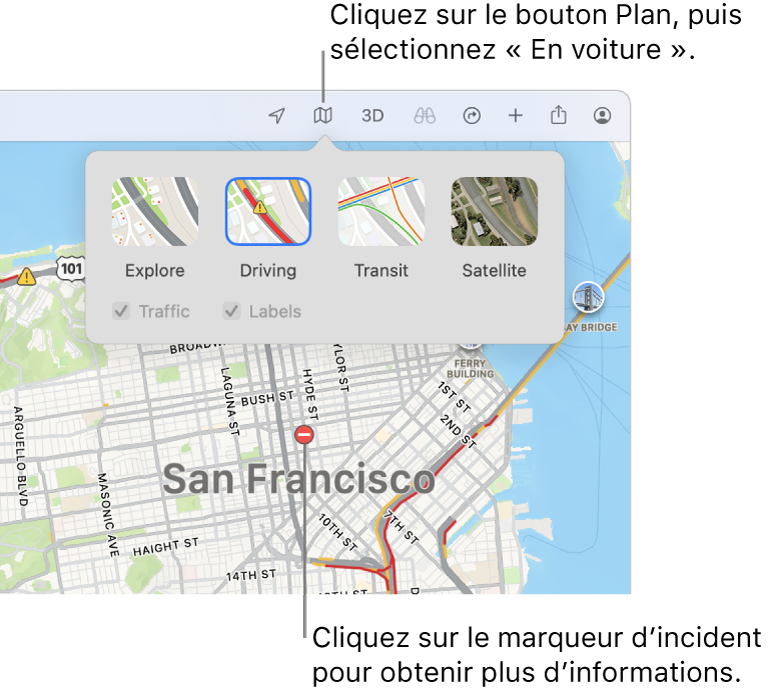 Un plan de San Francisco avec les optons du plan affichées, la case Circulation cochée, et les incidents de circulation sur le plan.