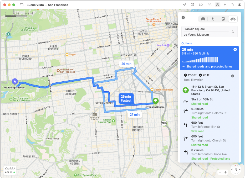 एलिवेशन और ट्रैफ़िक सहित, साइकिल से यात्रा करने के लिए मार्गदर्शन के लिए सैन फ़्रांसिस्को का एक नक़्शा।