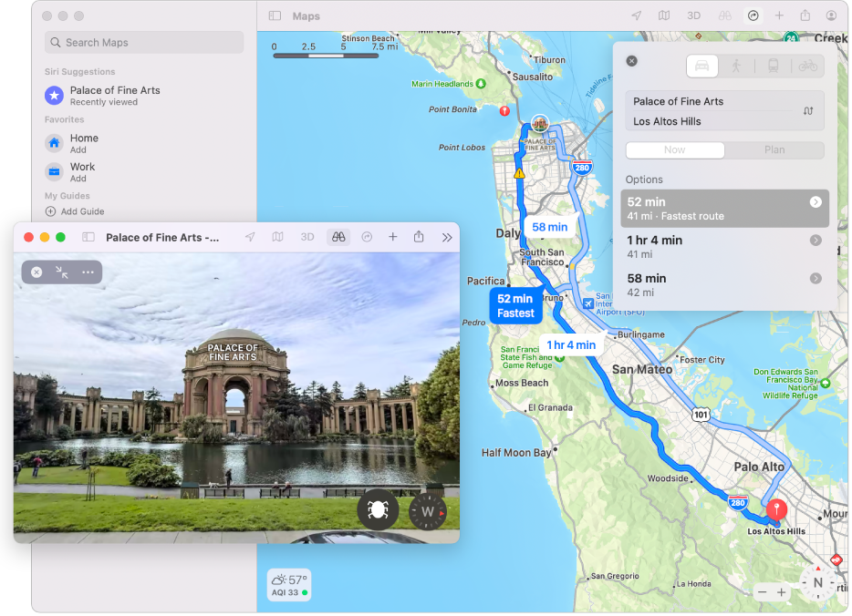 सैन फ़्रांसिस्को का एक नक़्शा जिसमें स्थानीय आकर्षण का एक इंटरऐक्टिव 3D व्यू है।