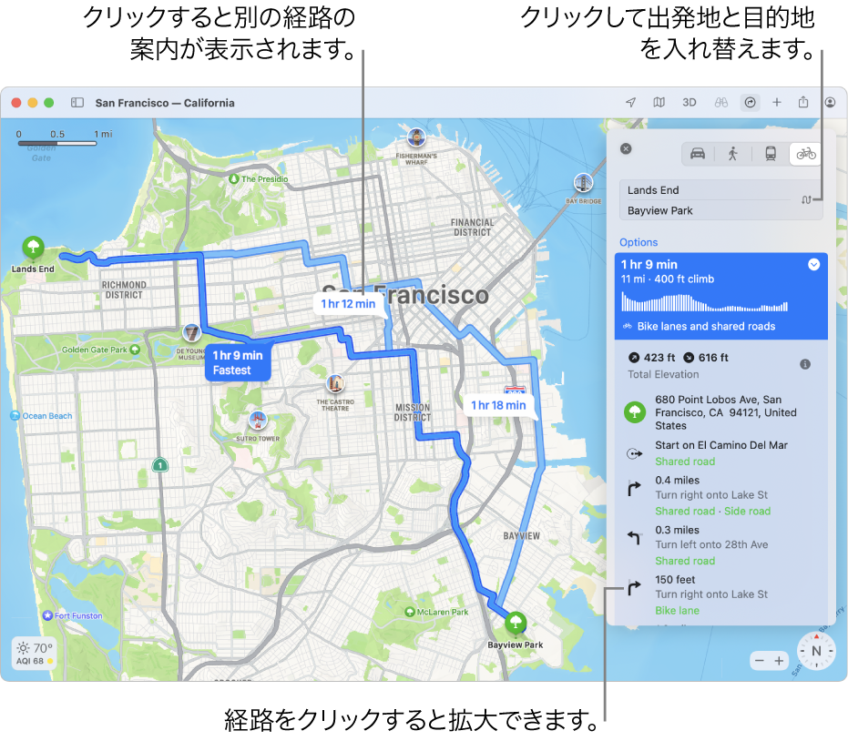 サンフランシスコの地図。高度や交通情報を含む自転車の経路が示されています。