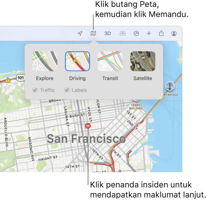 Peta San Francisco dengan pilihan peta dipaparkan, kotak semak Trafik dipilih dan insiden trafik pada peta.