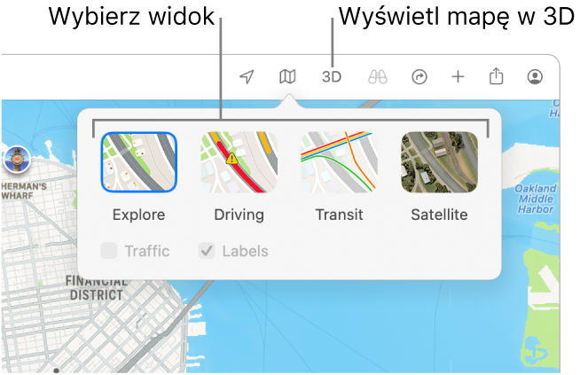 Mapa San Francisco wyświetlająca opcje widoku: Domyślna, Transport, Satelitarna oraz 3D.